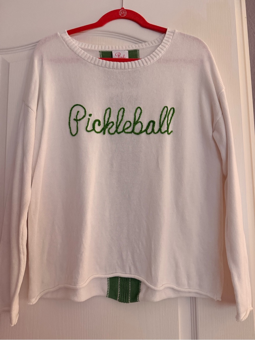 White 'Pickleball' Embroidered Crewneck Sweater - Green Script